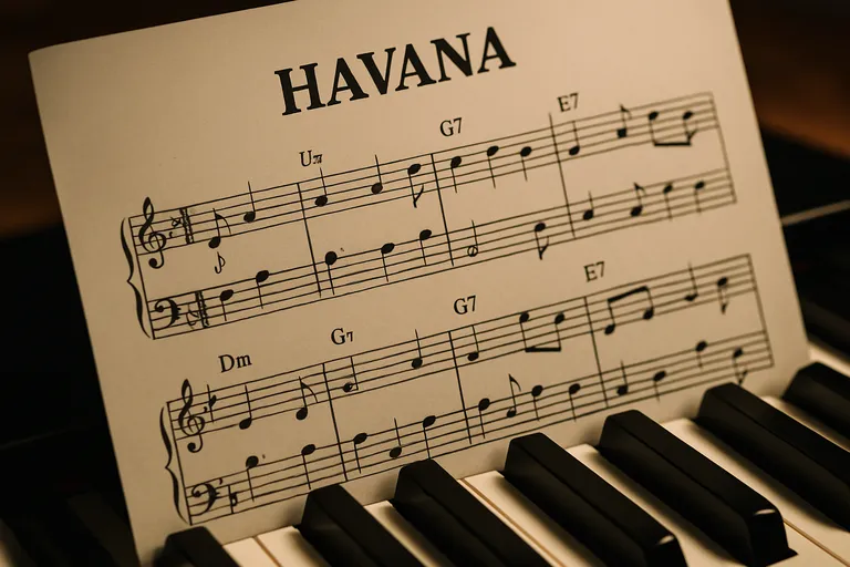 Havana bladmuziek voor piano en zang die sprankelt met akkoorden, noten en latin-feel